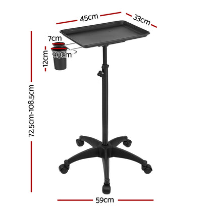 Embellir Salon Trolley SA-TR-1T-BK: 5-Wheel, Adjustable Height, Aluminium Tray, Black