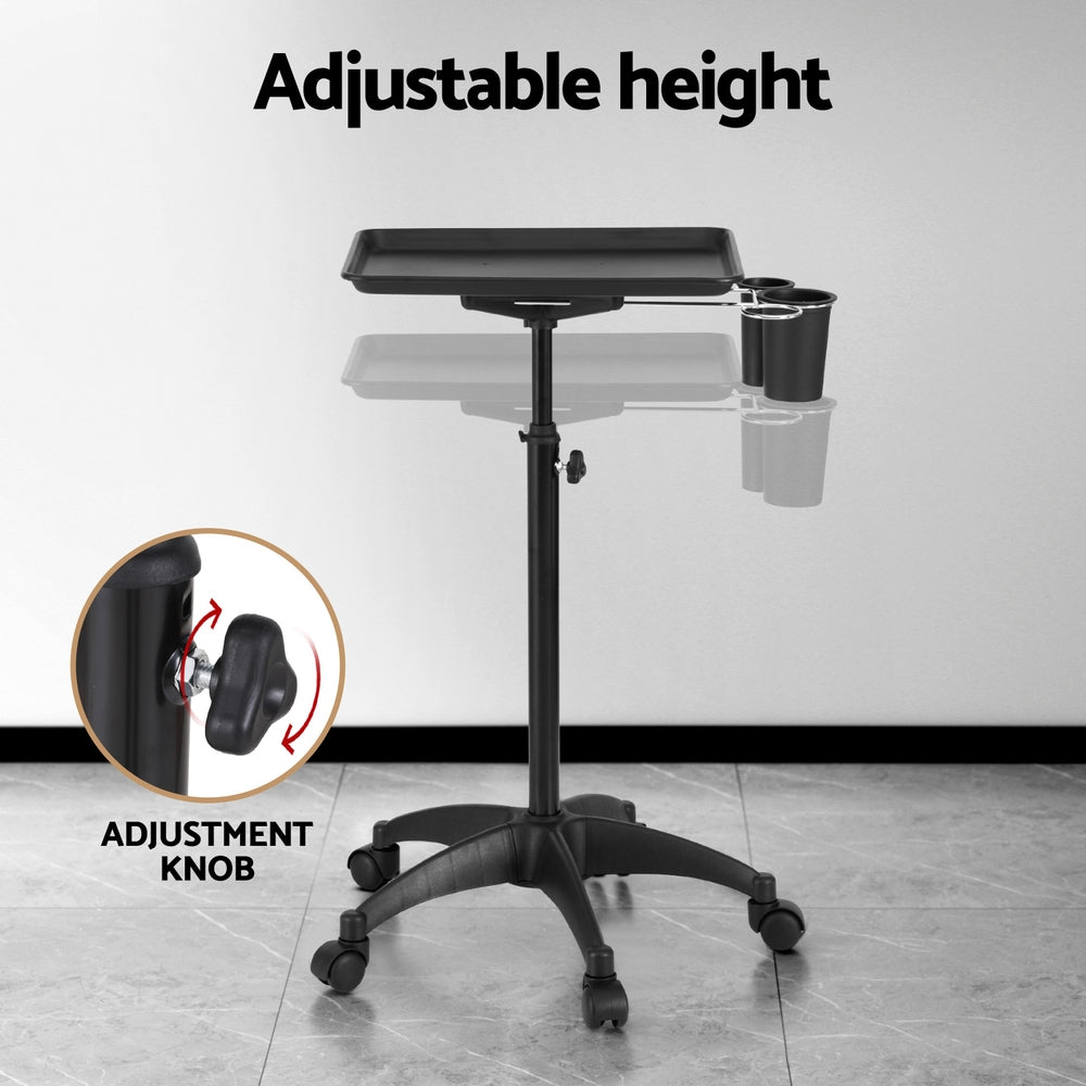 Embellir Salon Trolley SA-TR-1T-BK: 5-Wheel, Adjustable Height, Aluminium Tray, Black