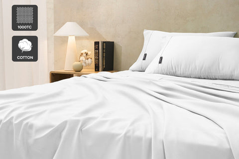 Sheraton Luxury 1000TC Cotton Rich Bed Sheet Set - White; Double - Auzzistore