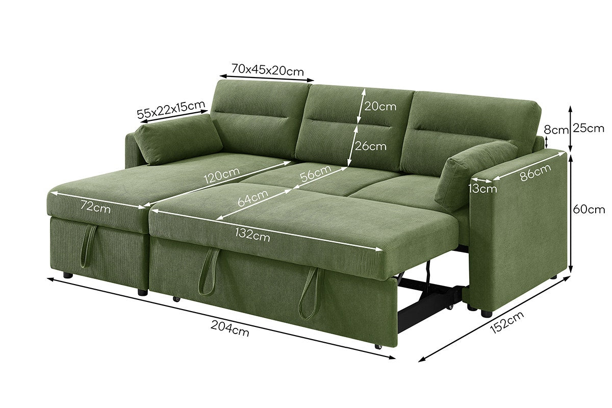 Shangri-La Carter 4 Seater Queen Sofa Bed with Reversible Chaise (Green)