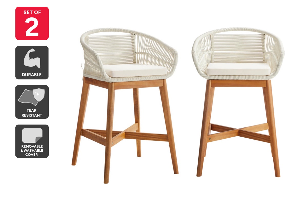 Shangri-La Set of 2 Lorne Rope Cushion Acacia Wood Outdoor Barstools (Cream)