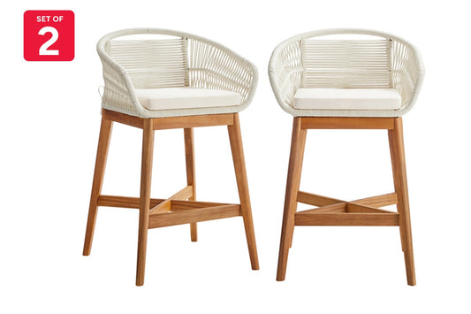 Set of 2 Shangri-La Lorne Rope Cushion Acacia Wood Outdoor Bar Stools (Cream)
