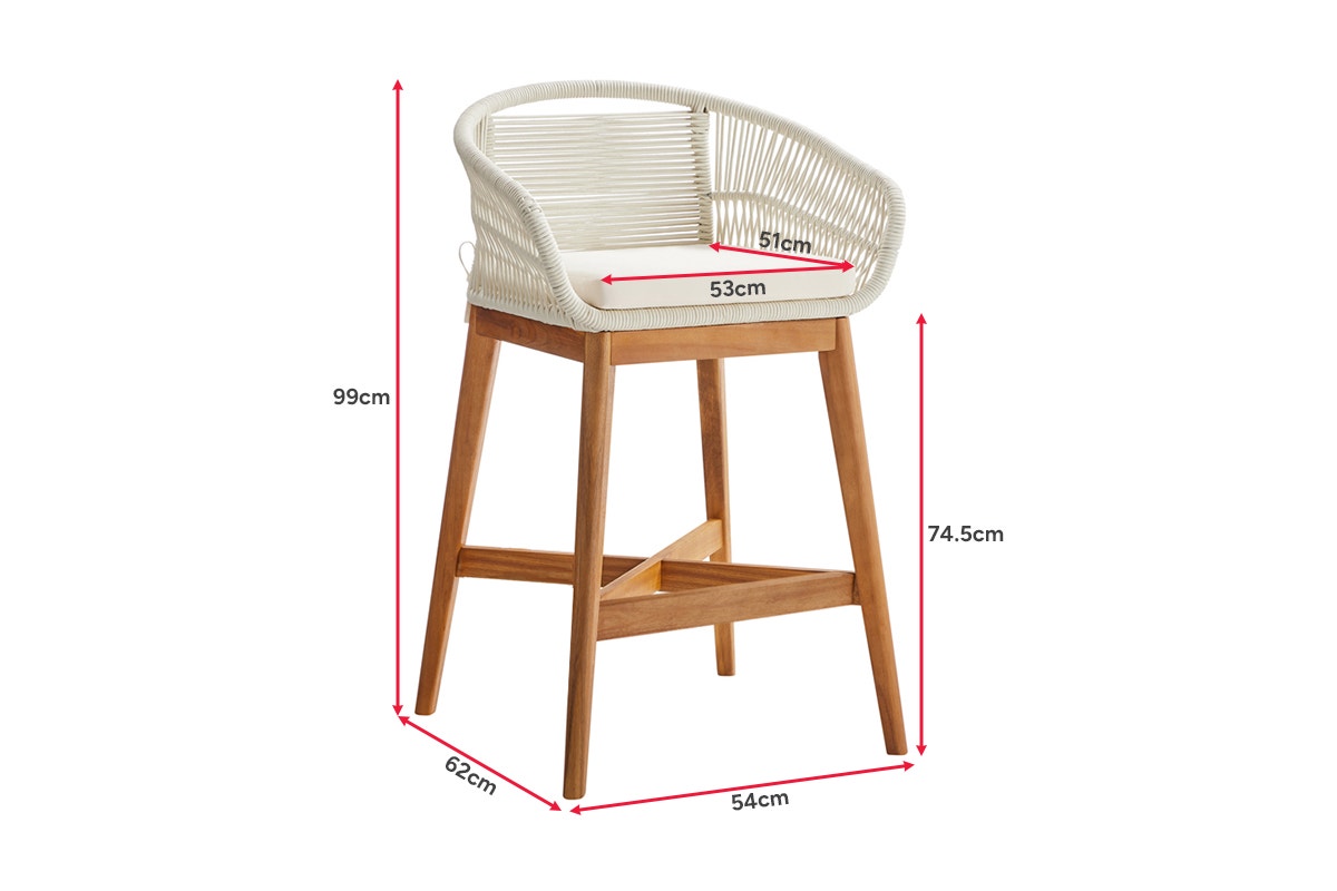 Set of 2 Shangri-La Lorne Rope Cushion Acacia Wood Outdoor Bar Stools (Cream)