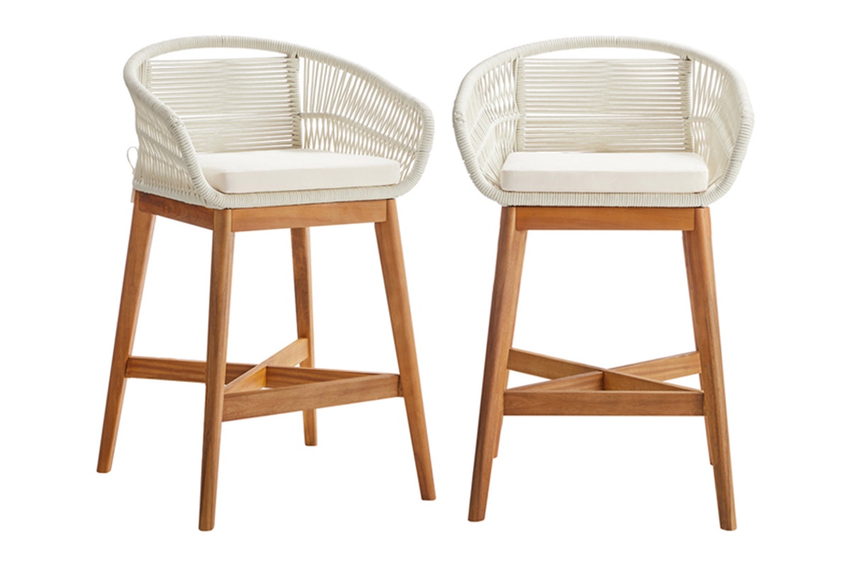 Set of 2 Shangri-La Lorne Rope Cushion Acacia Wood Outdoor Bar Stools (Cream)