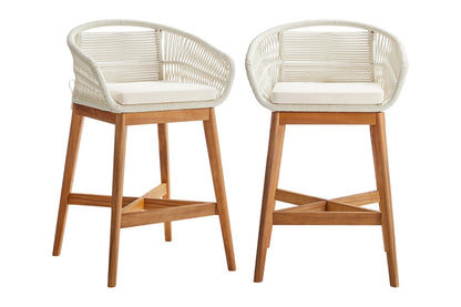 Set of 2 Shangri-La Lorne Rope Cushion Acacia Wood Outdoor Bar Stools (Cream)