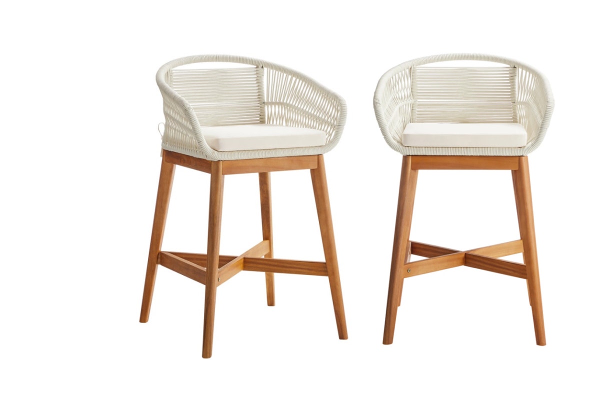 Shangri-La Set of 2 Lorne Rope Cushion Acacia Wood Outdoor Barstools (Cream)