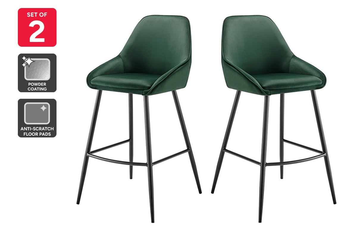 Set of 2 Shangri-La Monaco Velvet Bar Stools (Olive Green/Black)