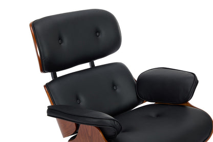 Shangri-La Eames Replica Leather Lounge Chair and Ottoman - Black PU/Walnut