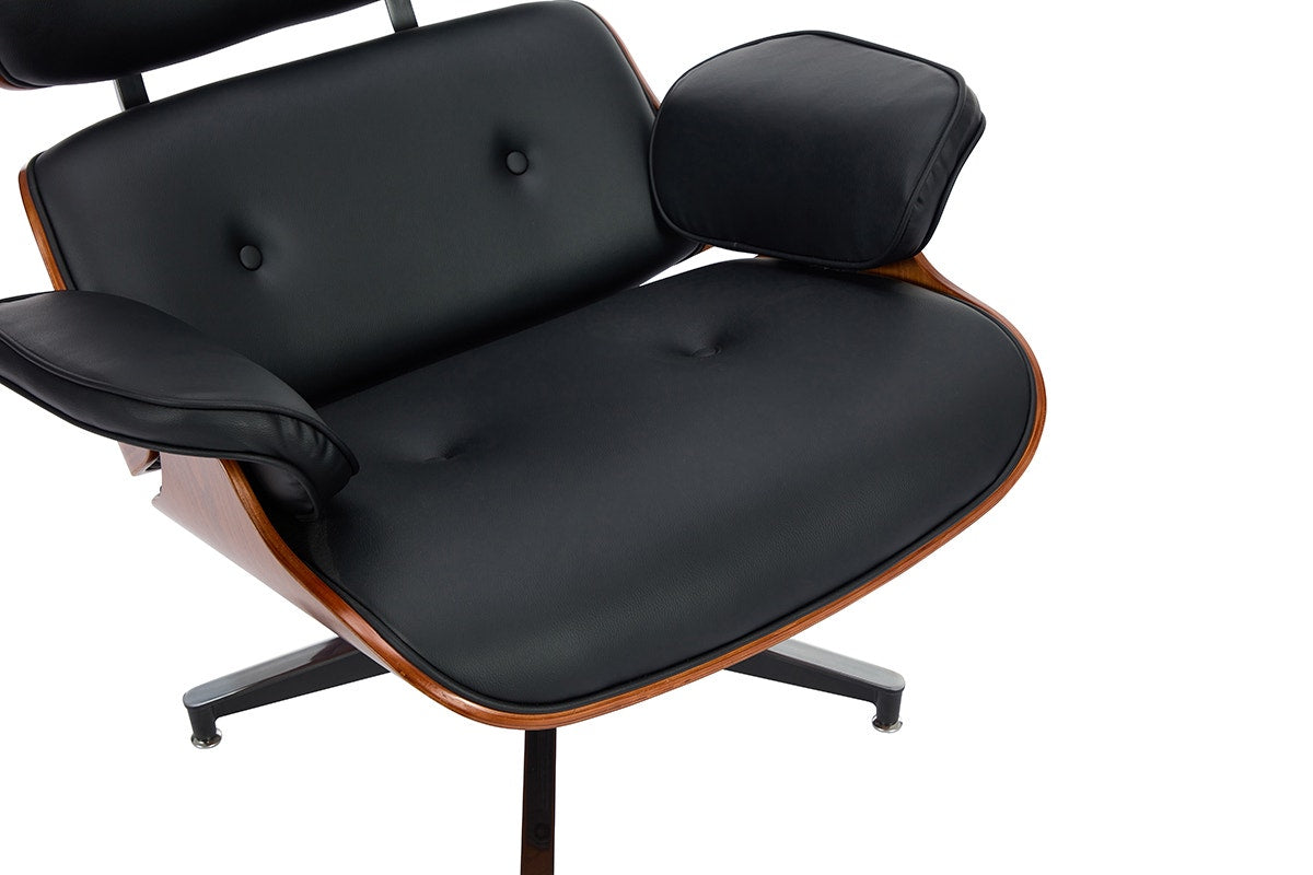 Shangri-La Eames Replica Leather Lounge Chair and Ottoman - Black PU/Walnut