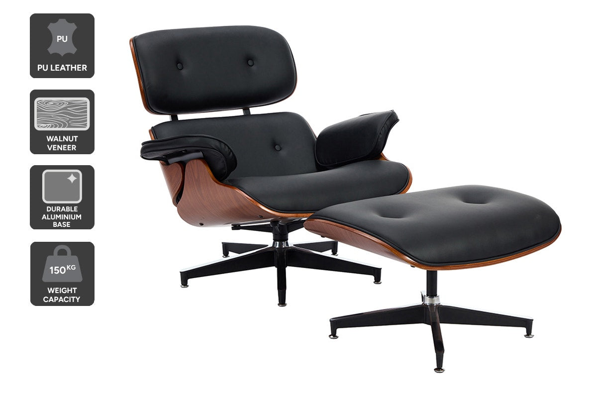 Shangri-La Eames Replica Leather Lounge Chair and Ottoman - Black PU/Walnut