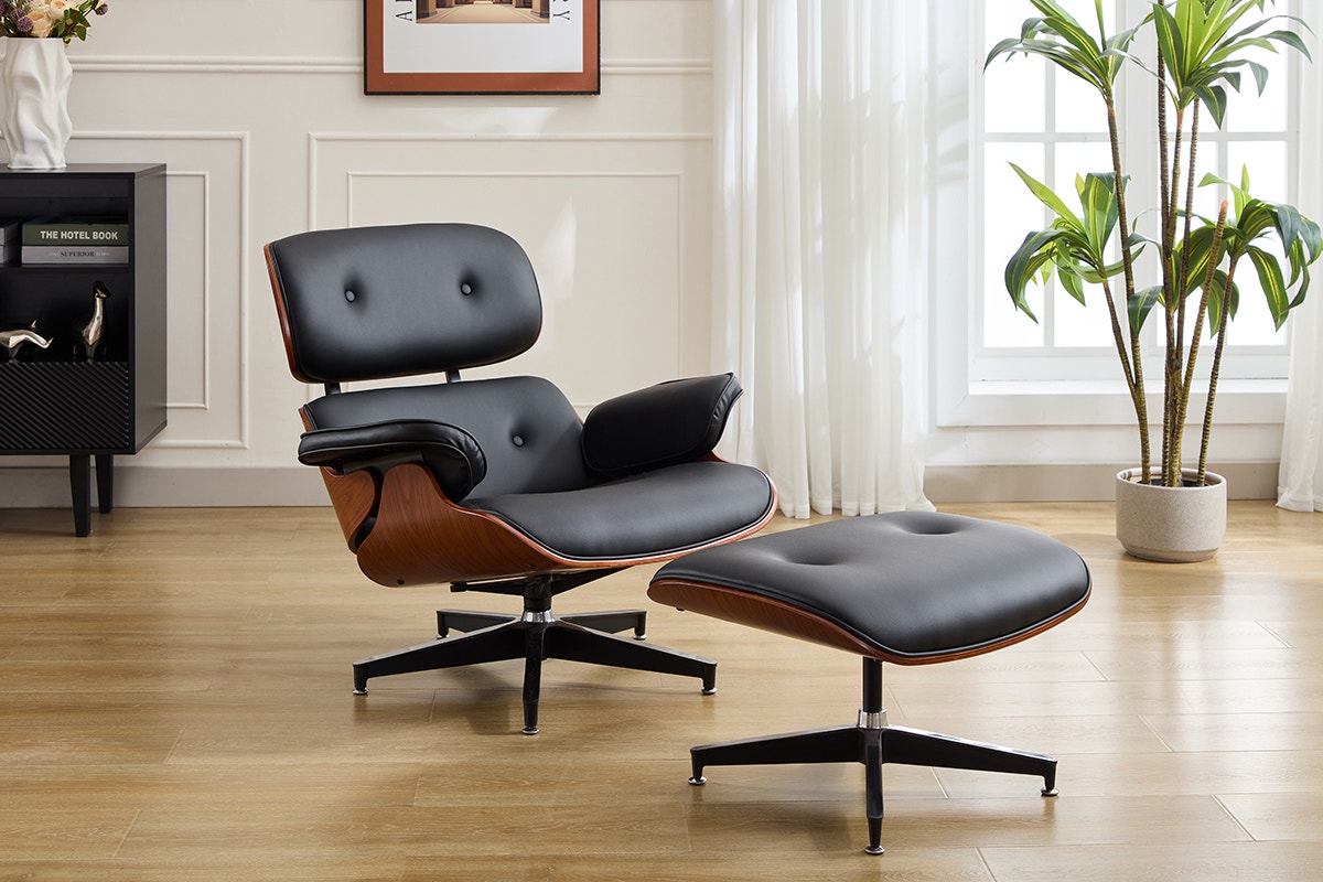 Shangri-La Eames Replica Leather Lounge Chair and Ottoman - Black PU/Walnut