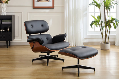 Shangri-La Eames Replica Leather Lounge Chair and Ottoman - Black PU/Walnut