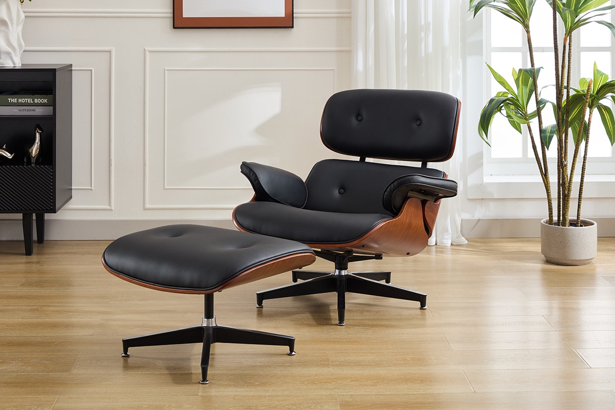 Shangri-La Eames Replica Leather Lounge Chair and Ottoman - Black PU/Walnut