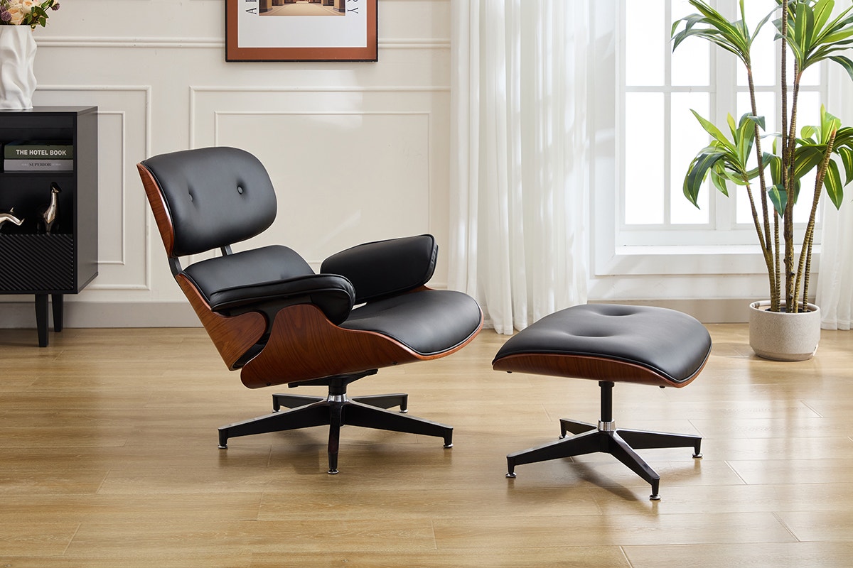 Shangri-La Eames Replica Leather Lounge Chair and Ottoman - Black PU/Walnut