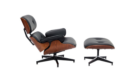 Shangri-La Eames Replica Leather Lounge Chair and Ottoman - Black PU/Walnut