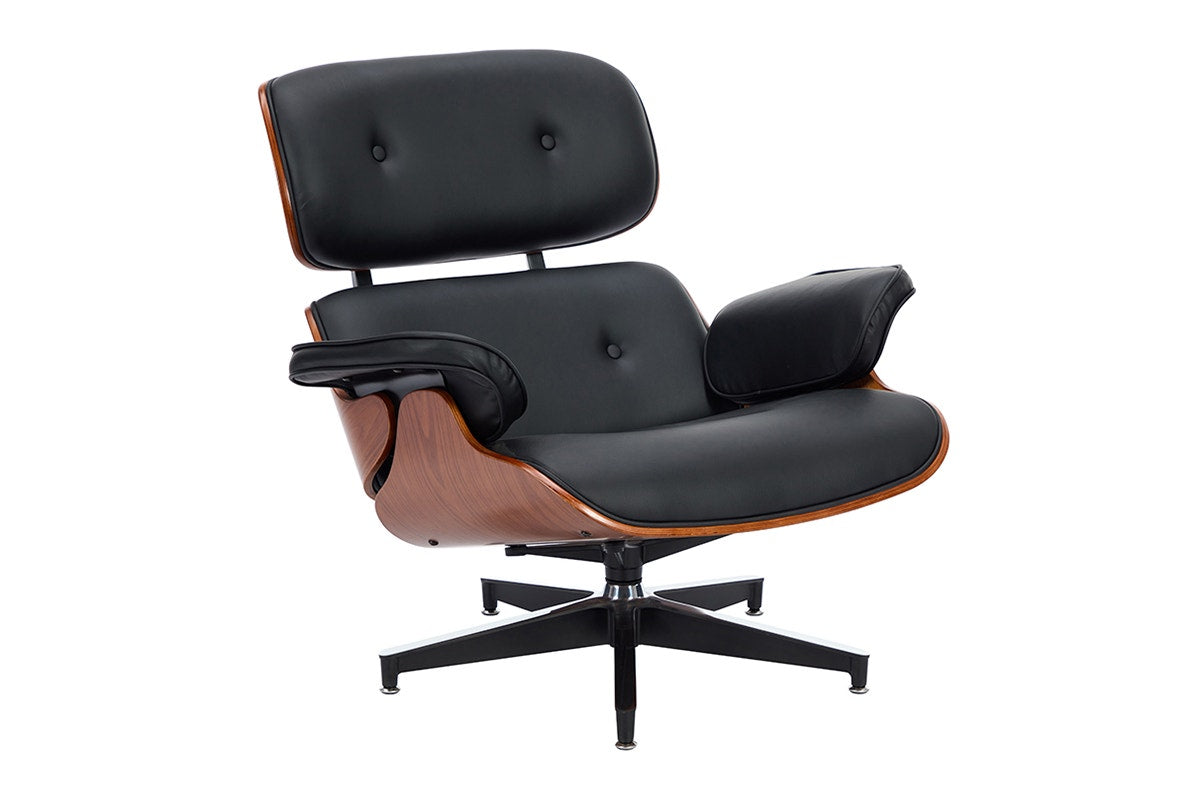 Shangri-La Eames Replica Leather Lounge Chair and Ottoman - Black PU/Walnut