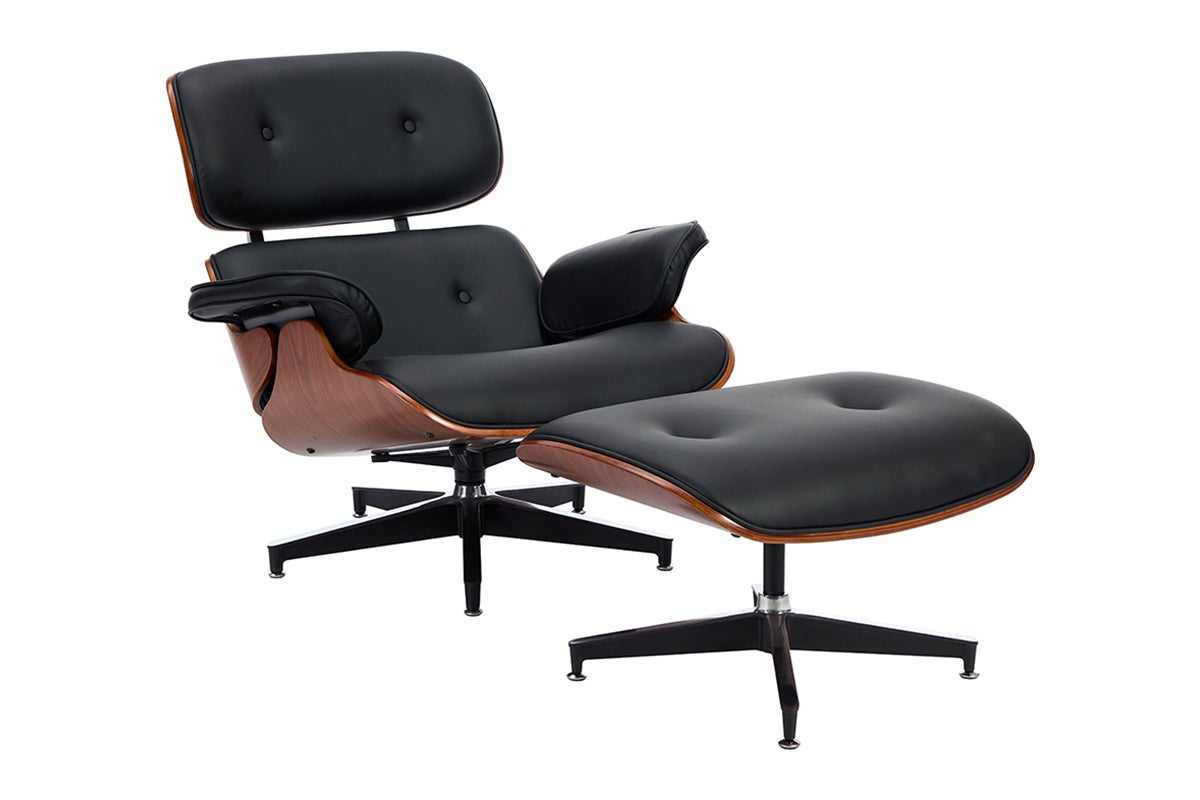 Shangri-La Eames Replica Leather Lounge Chair and Ottoman (Black PU/Walnut)