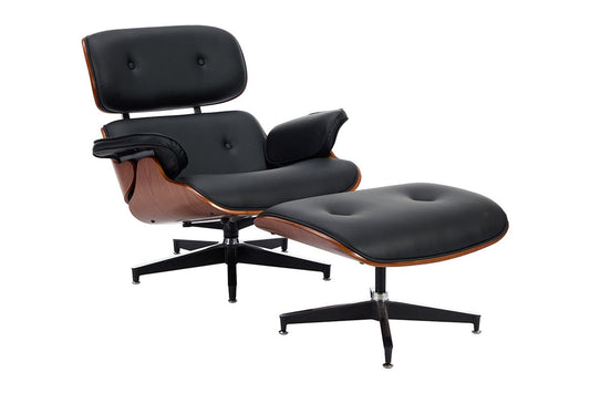 Shangri-La Eames Replica Leather Lounge Chair and Ottoman (Black PU/Walnut)