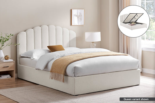 Shangri-La Santorini Boucle Gas Lift Storage Bed Frame (White, Double)