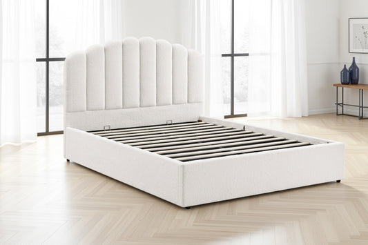 Shangri-La Santorini Boucle Gas Lift Storage Bed Frame (White, King) - Auzzistore