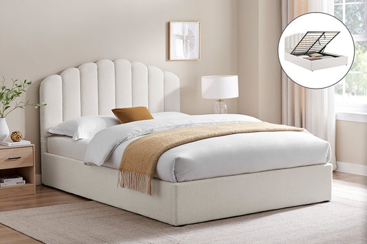 Shangri-La Santorini Boucle Gas Lift Storage Bed Frame (White, Queen)