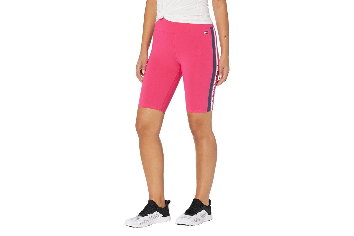 Tommy Hilfiger Sport Women's High Rise Stripe Biker Shorts (Dark Pink, Size XS)