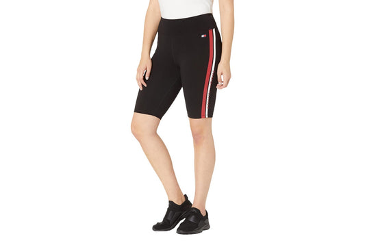 Tommy Hilfiger Sport Women's High Rise Stripe Biker Shorts (Black/Rich Red, Size XS)