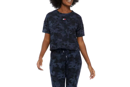 Tommy Hilfiger Sport Women's Relaxed Crop Camo Print T-shirt (Navy, Size XL)