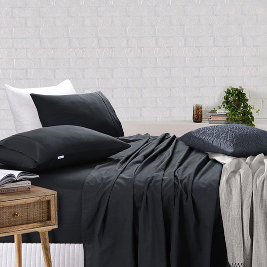 Elan Linen 100% Egyptian Cotton Vintage Washed 500TC Charcoal Single Bed Sheets Set - Auzzistore
