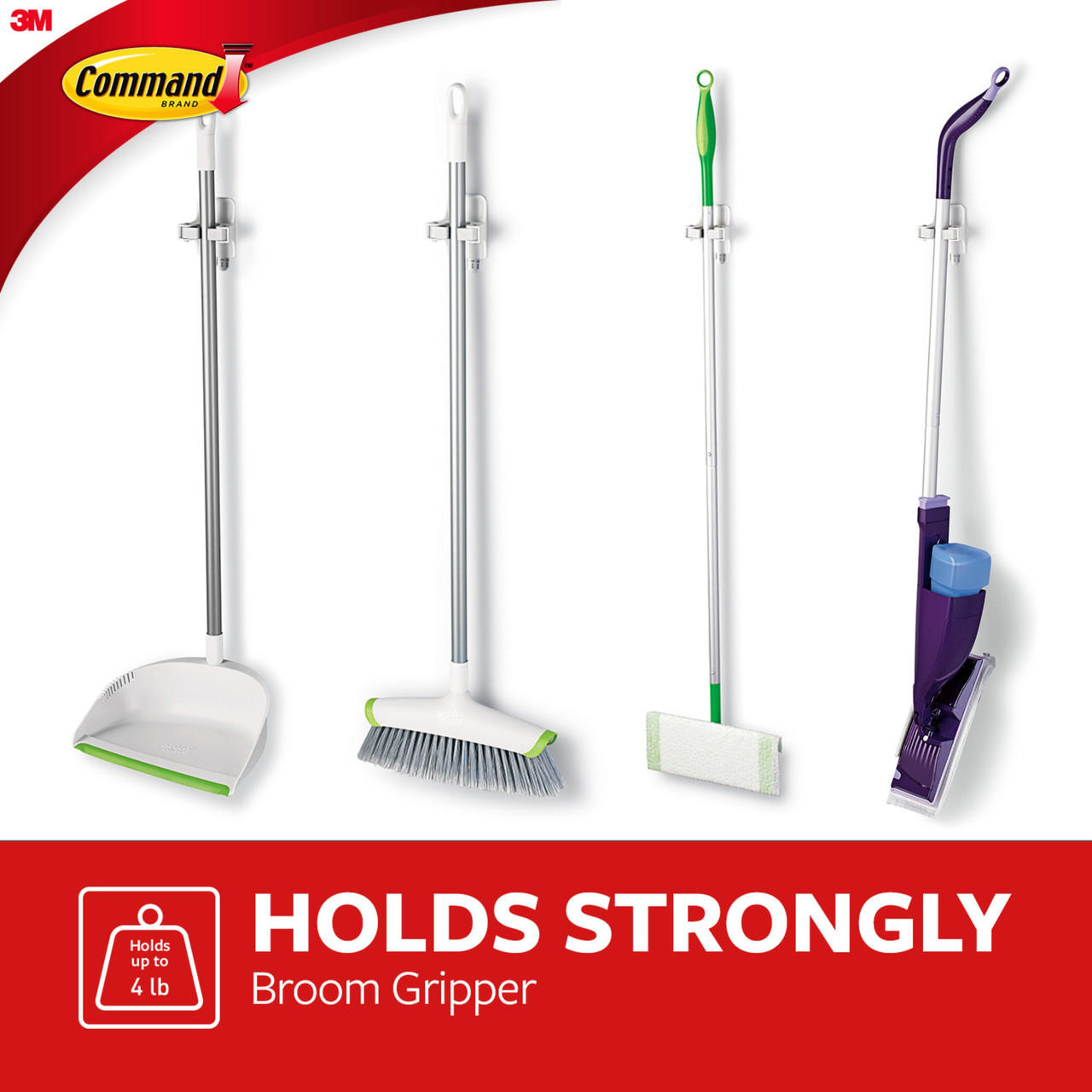 Command Broom and Mop Grippers, 6 Pack, 16 Strips, Holds 4 lbs, Damage-Free, Model 17007-3NA