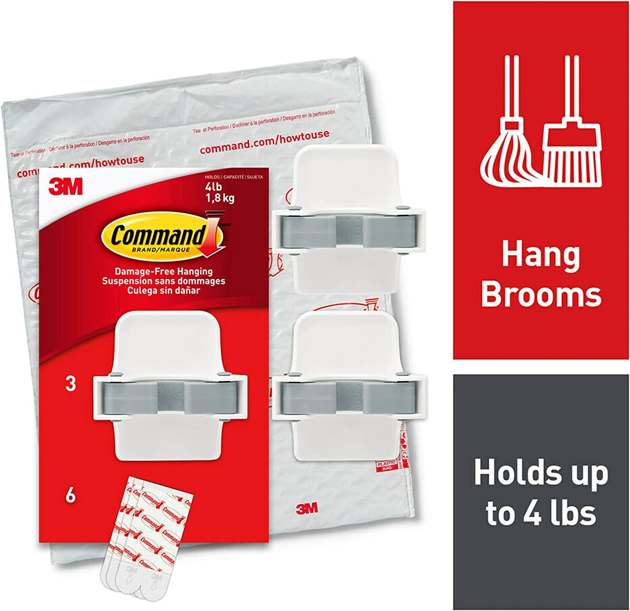 Command Broom and Mop Grippers, 6 Pack, 16 Strips, Holds 4 lbs, Damage-Free, Model 17007-3NA