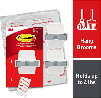 Command Broom and Mop Grippers, 6 Pack, 16 Strips, Holds 4 lbs, Damage-Free, Model 17007-3NA