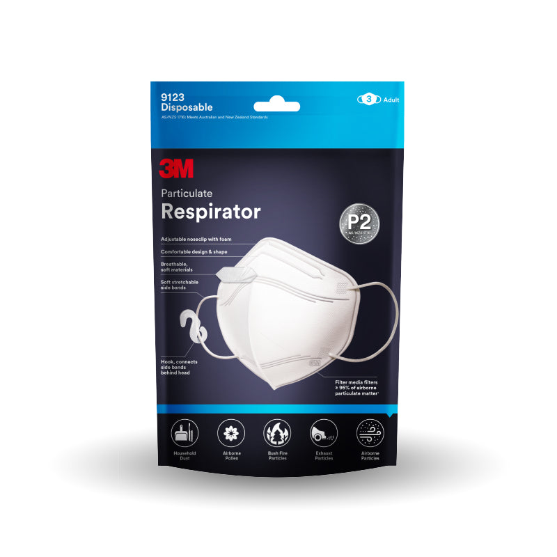 3M P2 Particulate Respirator 9123EN-3 Pack - Filters Pollen, Bushfire, Exhaust Particles, AS/NZS 1716 Certified