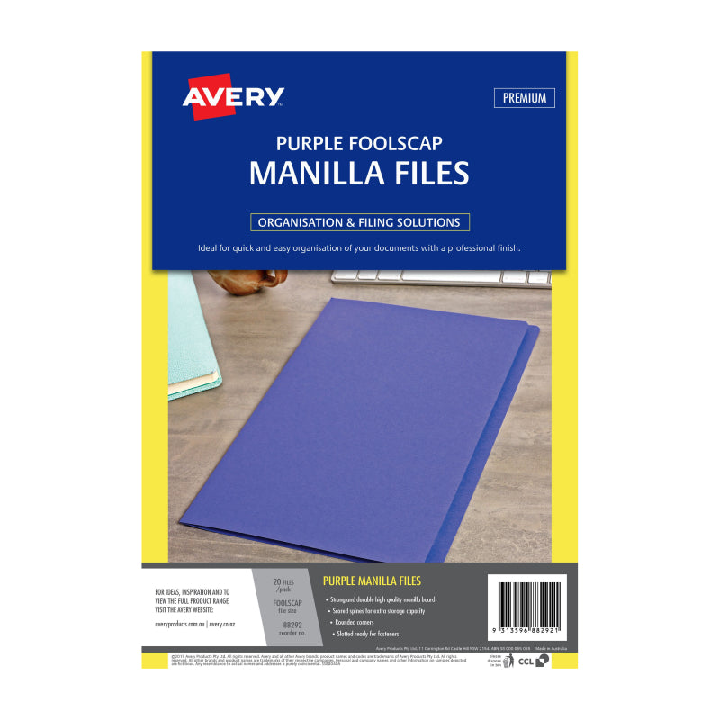 AVERY Manilla Folder Purple Foolscap Pack of 20 - Durable, Strong Board, Ideal for Projects & Storage