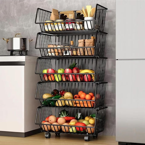 CARLA HOME Metal 5-Tier Rolling Vegetable and Fruit Basket Cart Stand for Kitchen - Auzzistore