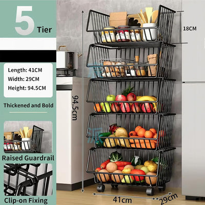 CARLA HOME Metal 5-Tier Rolling Vegetable and Fruit Basket Cart Stand for Kitchen