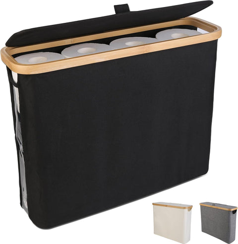 CARLA HOME Toilet Paper Storage Basket Holds Up to 12 Rolls with Bamboo Lid and Handle for RV Closet (Black) - Auzzistore