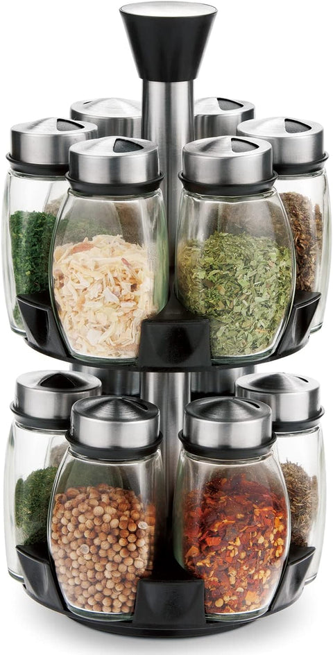CARLA HOME Rotating Spice Rack Organizer with 16 Glass Jars for Kitchen Seasoning and Herb Storage - Auzzistore