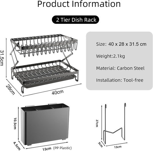 CARLA HOME 2-Tier Dish Drying Rack with Drainage Tray, Utensil Holder, Cup Hooks & Cutting Board Rack for Kitchen (Black) – view 2
