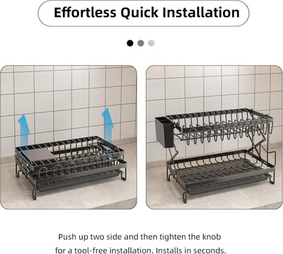 CARLA HOME 2-Tier Dish Drying Rack with Drainage Tray, Utensil Holder, Cup Hooks & Cutting Board Rack for Kitchen (Black)