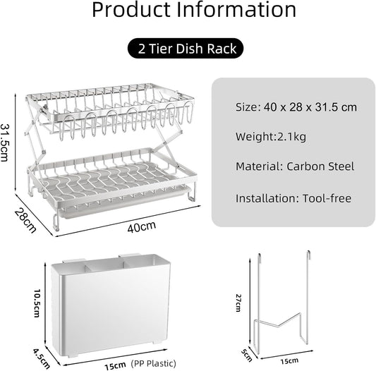 CARLA HOME 2-Tier Dish Drying Rack with Drainage Tray, Utensil Holder, Cup Hooks & Cutting Board Rack for Kitchen (White) – view 2
