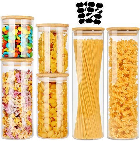 CARLA HOME 6 Pack Glass Storage Jars with Bamboo Lids for Kitchen Pantry, Pasta, Snacks, Cookies, Candy & More - Auzzistore