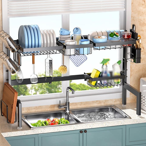 CARLA HOME Adjustable Over the Sink Dish Drying Rack with Utensil Holder, Hooks & Cutting Board Rack for Kitchen Counter Storage - Auzzistore