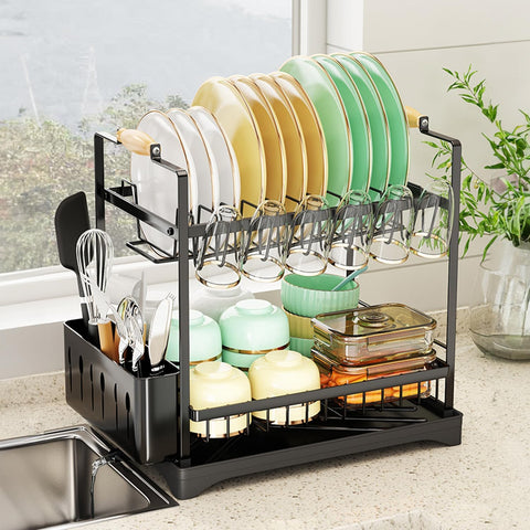 CARLA HOME 2-Tier Large Dish Drying Rack with Drainboard, Utensil Holder, Glass Hooks & Cutlery Storage (Black) - Auzzistore