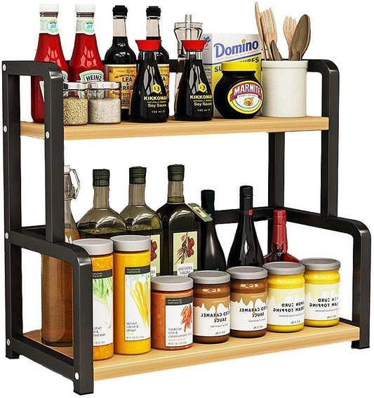 CARLA HOME 2-Tier Wooden Kitchen Countertop Spice Rack for Storage of Condiments, Oils, Jars & Seasoning Bottles - Auzzistore