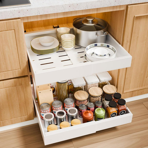 CARLA HOME 2 Pack Pull Out Cabinet Organizer Expandable for Cabinets with Adjustable Slide Out Shelves and Easy Installation (White) - Auzzistore