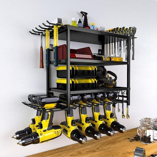 CARLA HOME 4-Tier Power Tool Rack Organizer Wall Mount with Drill Holder & Wrench Hooks for Cordless Tools & Workshop Organization - Auzzistore