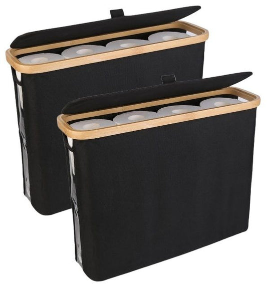 CARLA HOME 2 pack Toilet Paper Storage Basket Holds Up to 12 Rolls with Bamboo Lid and Handle for RV Closet (Black) - Auzzistore