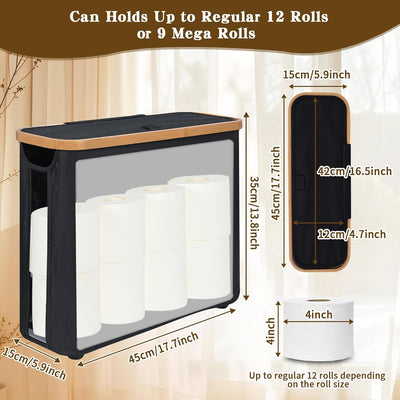 CARLA HOME 2 pack Toilet Paper Storage Basket Holds Up to 12 Rolls with Bamboo Lid and Handle for RV Closet (Black)