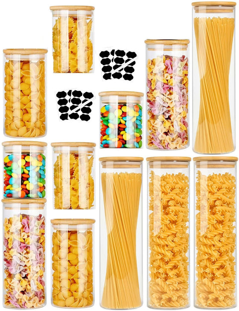 CARLA HOME 12 Pack Glass Storage Jars with Bamboo Lids for Kitchen Pantry, Pasta, Snacks, Cookies, Candy & More - Auzzistore